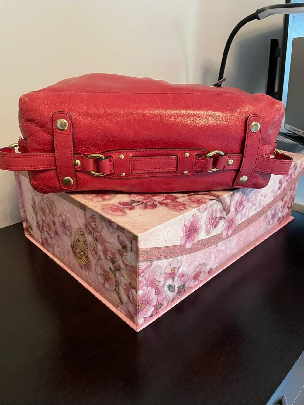 Coach Cherry Red Leather Satchel with Gold Tags